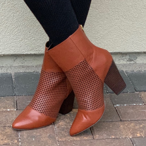 NIB Cognac Pointy Toe Perforated Heeled Boots - Picture 7 of 8